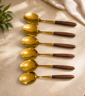 قاشق ٦ عددي طلايي دسته بامبو